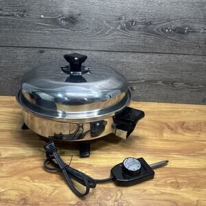 Health Craft T-304 Stainless Steel Oil Core Electric Skillet 12” Domed Lid K7273